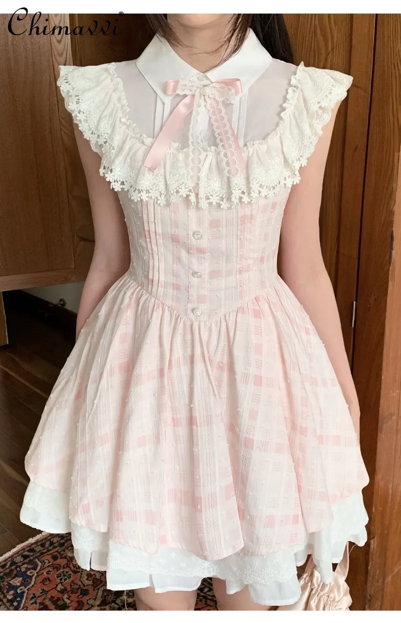 Japanese Sweet Girl Pink Plaid Dress 2026 Summer New Fashion Cute Flutter Sleeve Girls Cinched Waist Tiered Cake Dress for Women