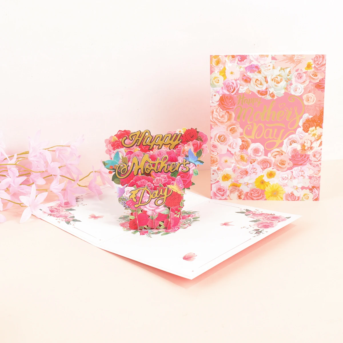 

3D Pop-Up Floral Foil Greeting Card, Writeable Mother’s Day Blessing Messages Envelope, Handmade Paper Craft Gift for Mom