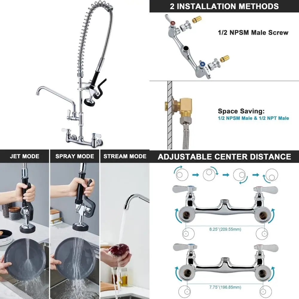 

Wall-Mounted Pre-Rinse Kitchen Faucet with Sprayer, Brass Construction, 8-Inch Centers, and Additional 12-Inch Spray Nozzle