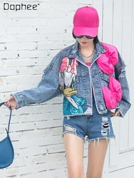 Three-Dimensional Decoration Bow Short Denim Jacket for Women 2022 Loose Casual Cartoon Sequins Personalized Jeans Coat Female