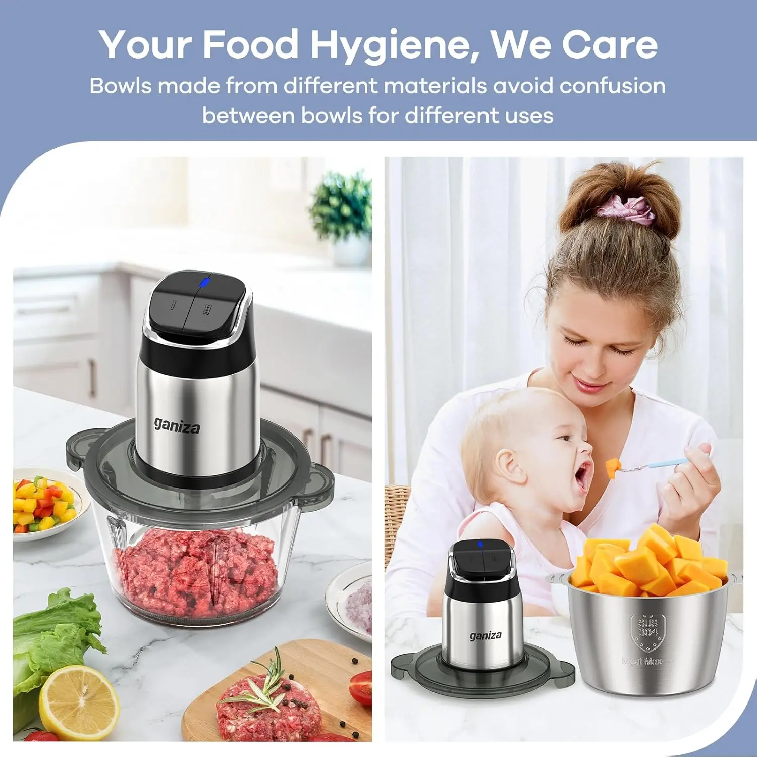 푸드 프로세서, 8컵 스테인레스 스틸 및 8컵 유리 그릇이 포함된 2단 푸드 쵸퍼 고기 분쇄기, 업그레이드된 버튼, 블레이드 2세트