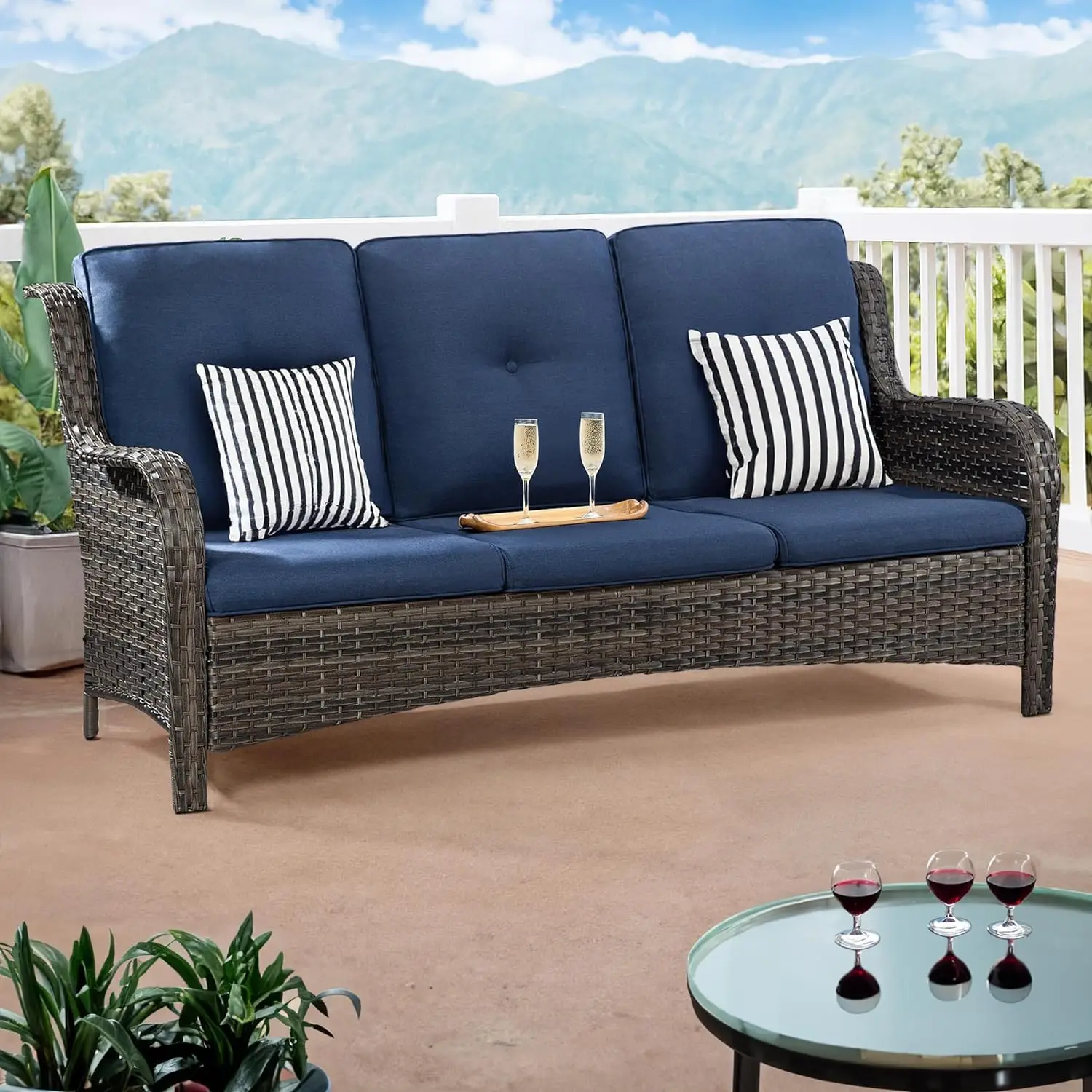 Outdoor Couch Wicker Patio Sofa - 3-Seat Patio Sofa with Deep Seating and Comfortable Cushions for Porch Deck Balcony, Blue