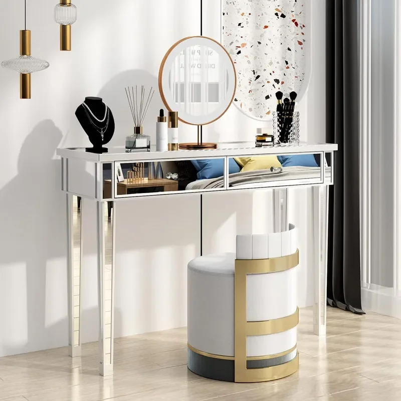 42 Silver Mirrored Vanity Desk Makeup Table with 2 Drawers Mirrored Console Table Mirror Desk with Drawers Mirror Console