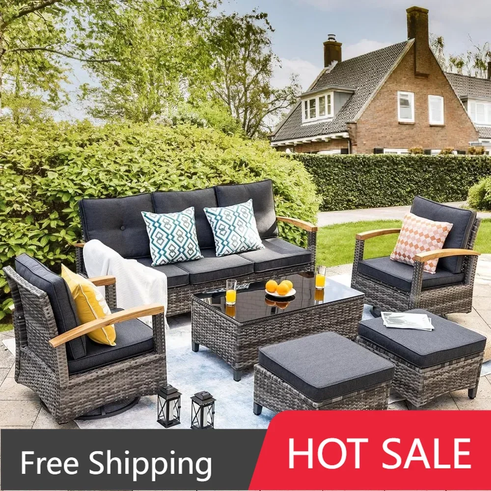 6 Pieces Outdoor Rattan Furniture Sets with 2 Wood Armrests Swivel Rocker Chairs, 2 Ottoman, 3-Seat Sofa and Coffee Table