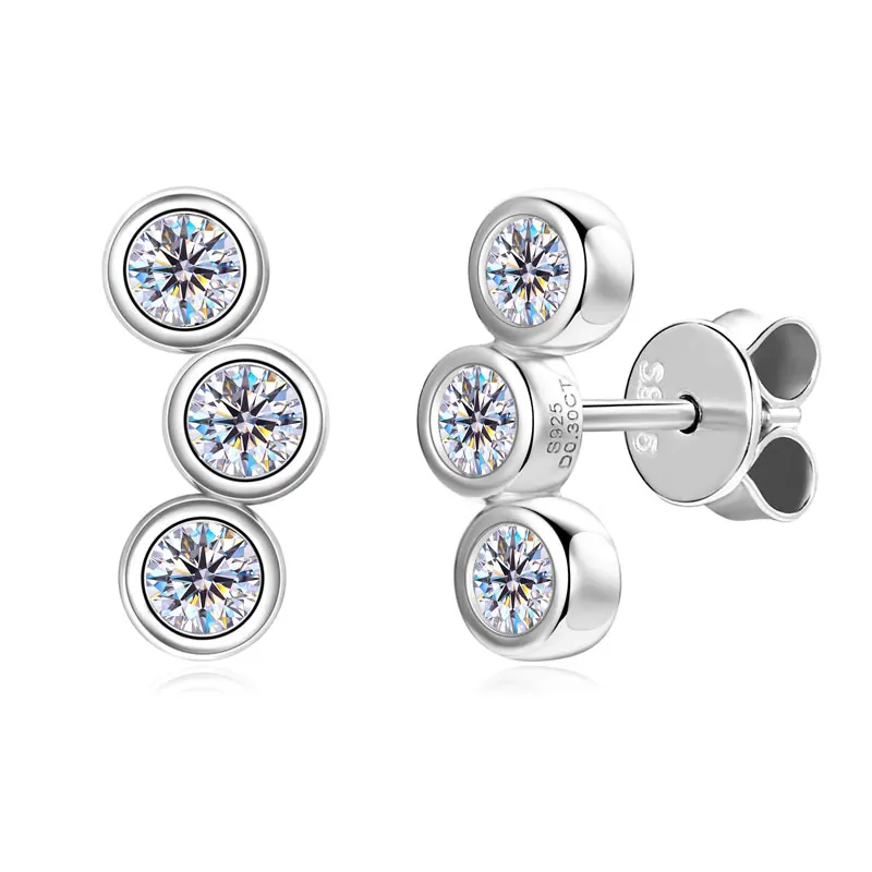 

0.30CT Moissanite Curved Earring For Women Trendy Jewelry Real 925 Silver Moissanite Three Diamond Round Stud Earrings