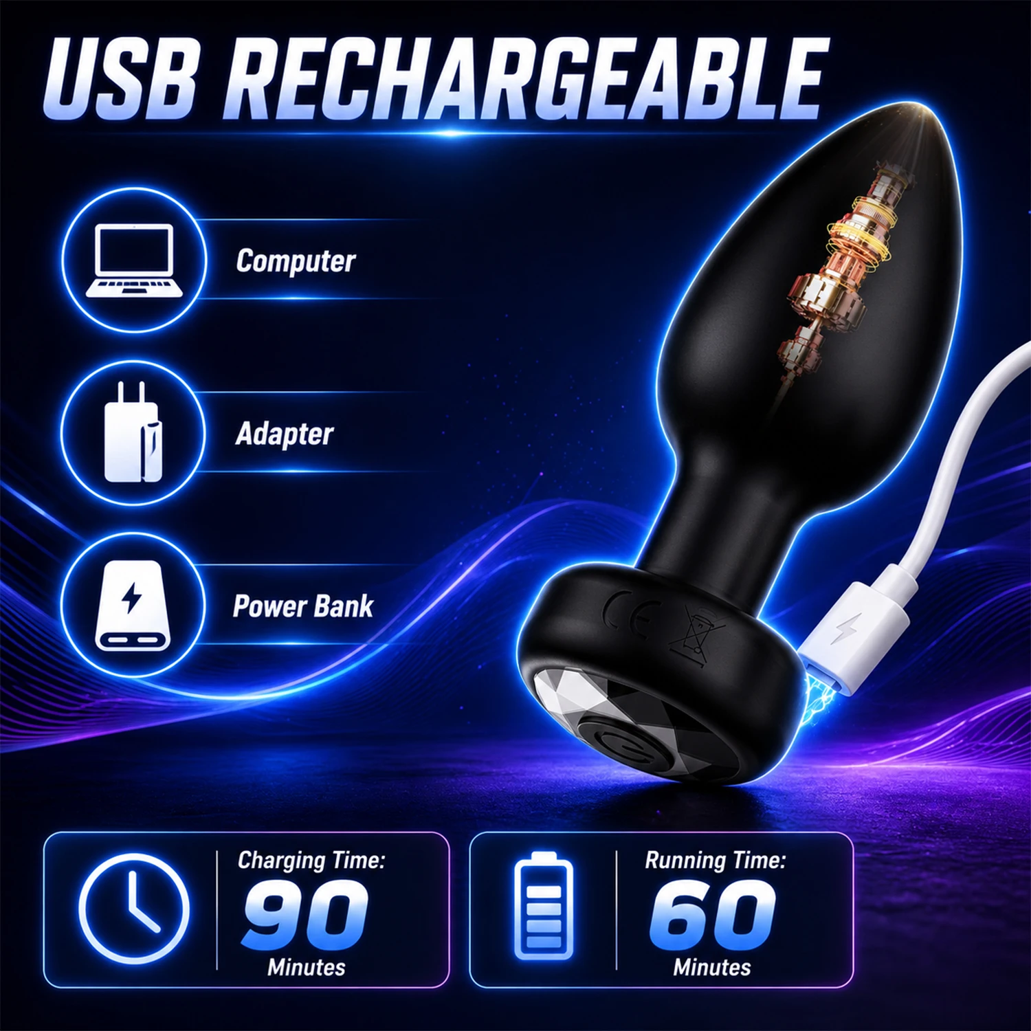 Vibrador Anal Recargable por USB para Hombres y Mujeres, Tapón Anal de Silicona, Masajeador de Próstata, Potente Juguete Vibrador para Adultos, 90 Min de Carga, 60 Min de Uso