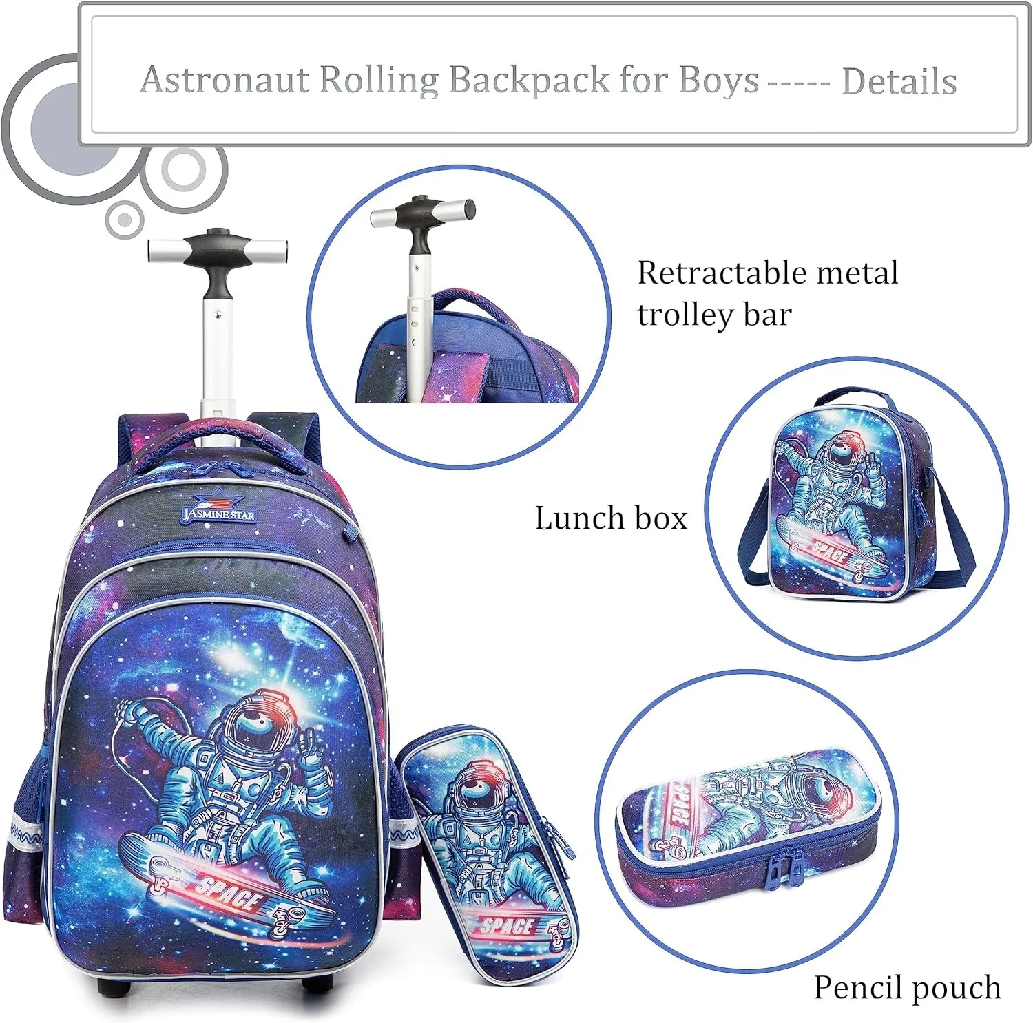 Children Trolley Backpacks with Wheels Roller Luggage Backpacks on Wheels Astronaut Rolling Backpack for Boys School Bag Set