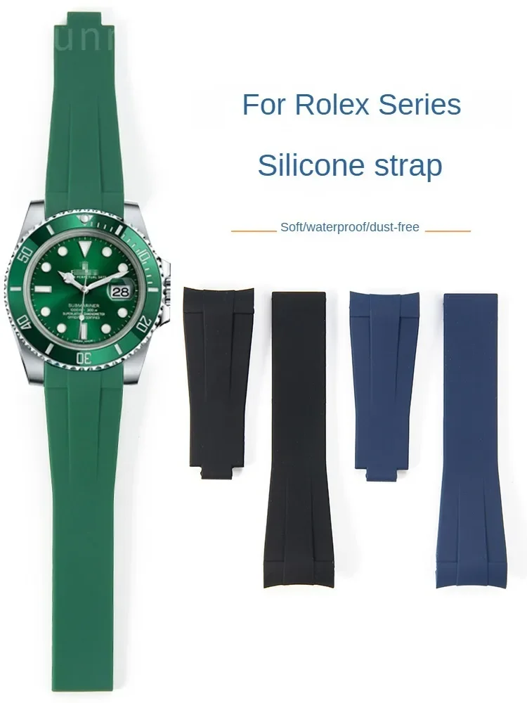 Men 20mm  Arc Natural Rubber Watch Band for Rolex Black Green Blue Water Ghost Daytona Submariner Waterproof Soft Watch Strap