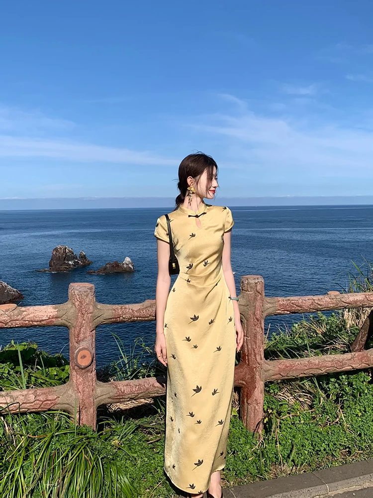 Ele nouveau chinois Sle Qipao Dr minceur été jupe longue tempérament doux fente basse usage quotidien fibre de Polyester