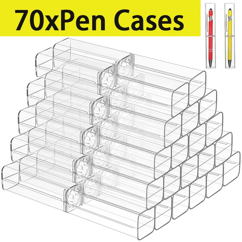 

70Pcs Plastic Clear Ballpoint Pen Gift Box Pencil Boxes Empty Case Collection Set for Business School