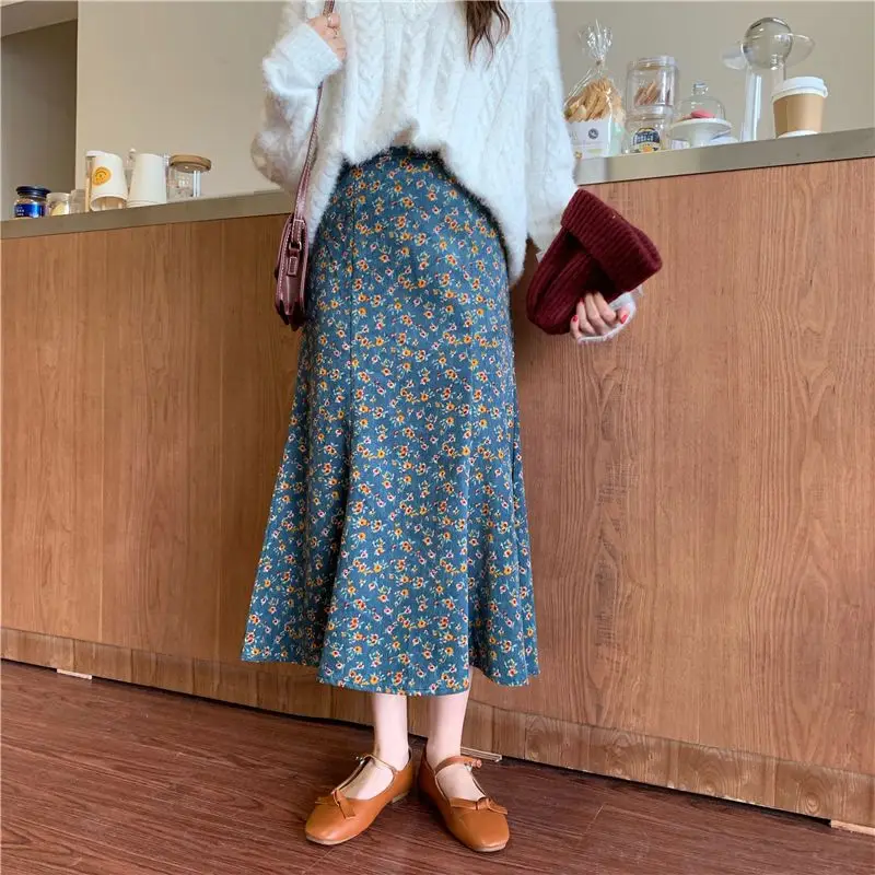 Corduroy Midi Long Skirt elastic waist fall winter flower a-line pleated skirts women clothing y2k korean vintage plus size 4xl