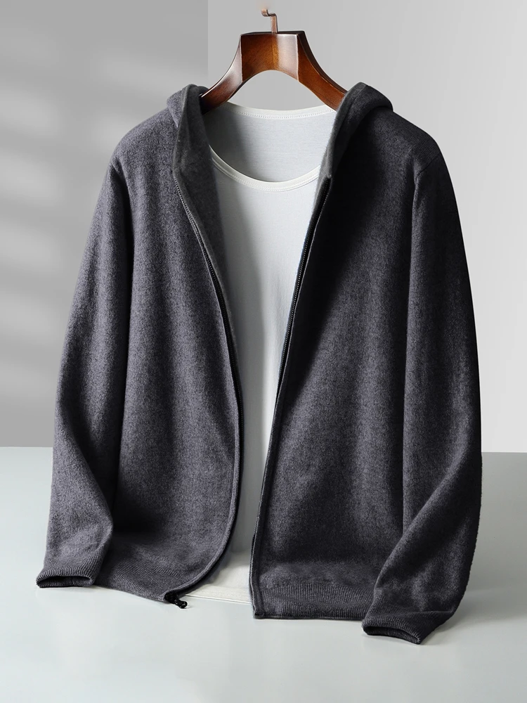 Cárdigan de lana Reversible para hombre, suéter con capucha de otoño e invierno, 100% liso de lana merina, chaquetas informales simples para hombre, gruesas y cálidas
