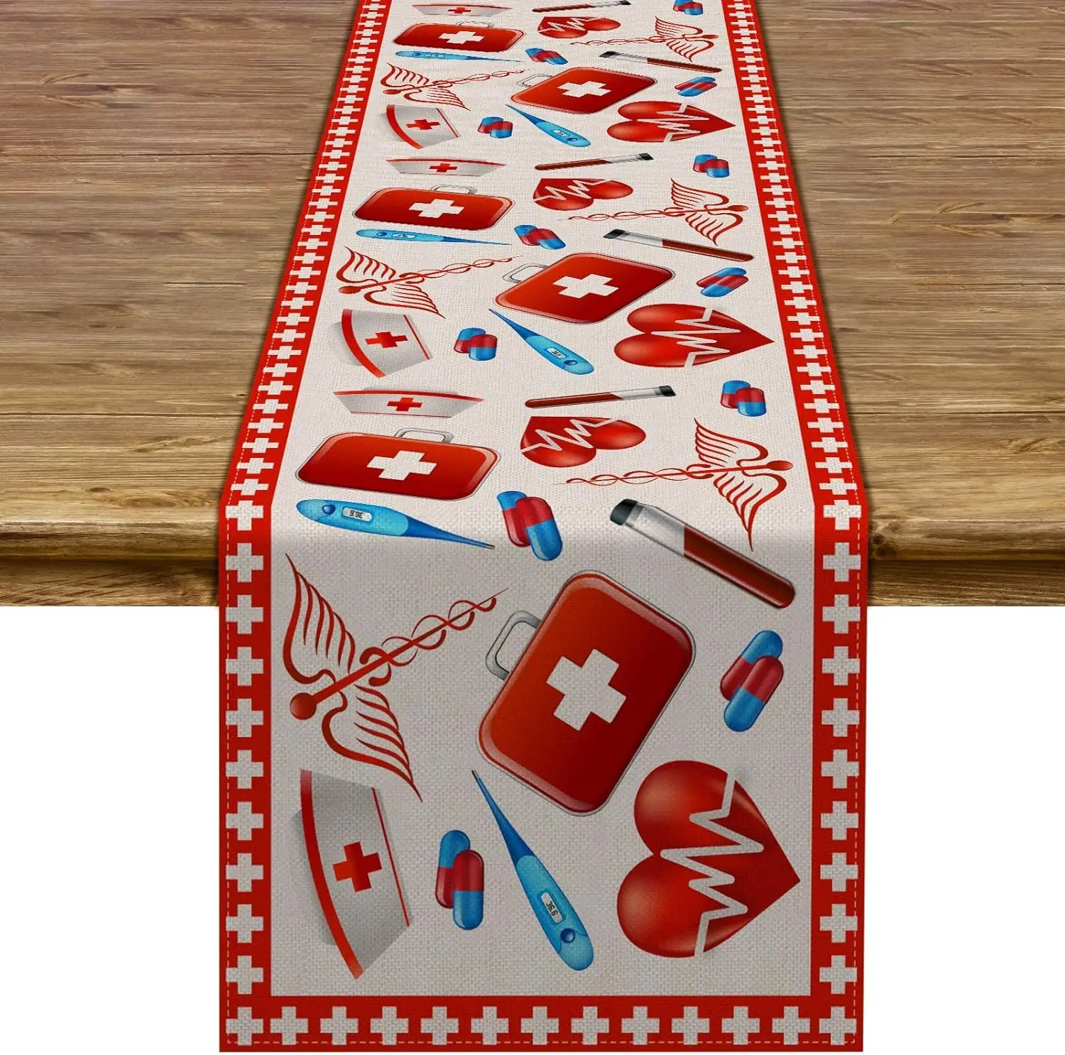 Caminos de mesa de lino para graduación de enfermera, semana de enfermera, día de enfermera, gorra RN, chimenea, decoración de fiesta, tocador, bufanda, mesa, decoración de comedor