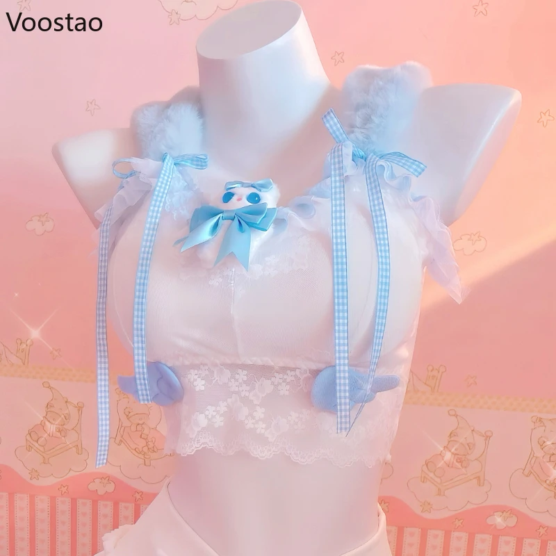 Sweet Lolita Style Camis Tops Women Kawaii Cartoon Plush Bunny Bow Lace Mesh Cropped Tanks Girls Y2k Aesthetic Vest Chic Clothes