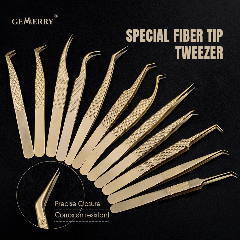 Gemerry Faserspitzen, Wimpernverlängerung, 1 Stück, Pinzette, goldener Edelstahl, hochpräzise Pinzette, Volumenfächer, professionelle Werkzeuge – Detail 1