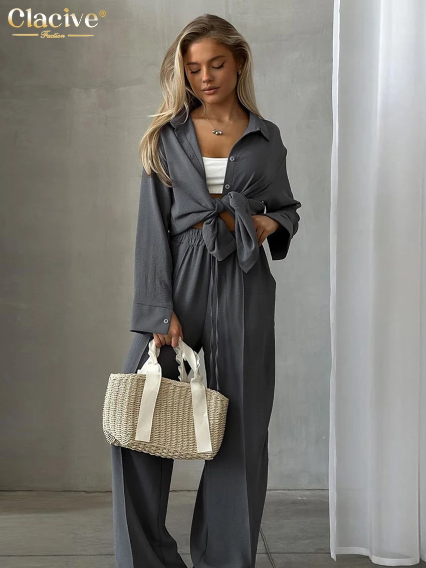 

Clacive Fashion Loose Gray 2 Piece Sets Women Outfit 2024 Elegant Long Sleeve Shirt With High Waist Wide Pants Set Streetwear