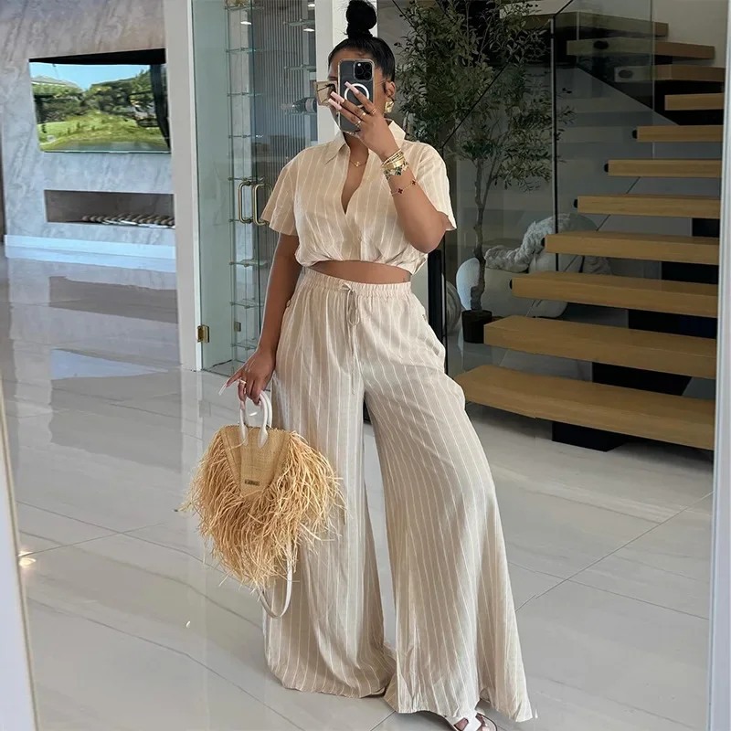 Mandylandy Summer Women Shirts Tops Trousers Sweet Stripes Short Sleeve Shirt High Waist Drawstring Wide-Leg Pants Two-Piece Set