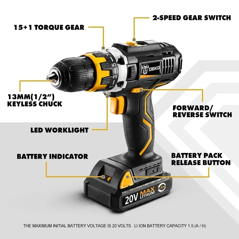 DEKO 20V MAX GCD SERIES 1/2 IN. CORDLESS DRILL/DRIVER TOOL KITS - GCD20DU2