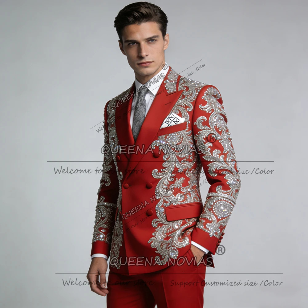 

Fashion Beaded Stones Groom Wedding Tuxedos Double Breasted Jacket Pants 2 Piece Set Men's Suit Attire Slim Fit Groom Blazers
