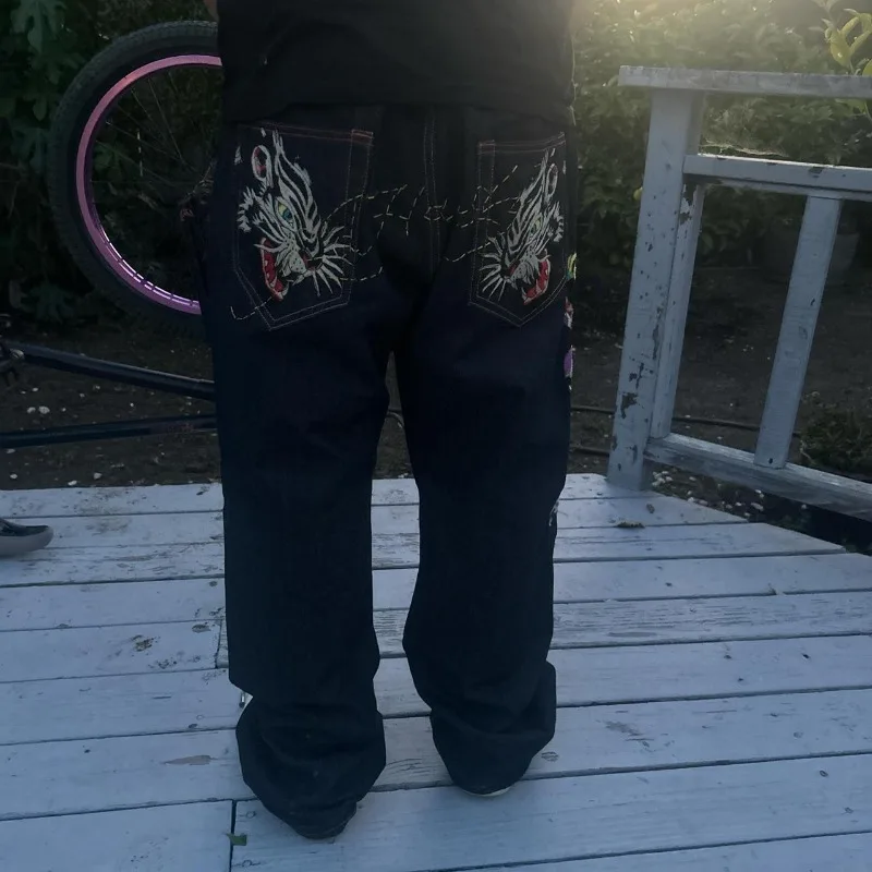 

Y2K новые американские модные мешковатые джинсы с вышивкой большого размера, мужские готические джинсы в стиле Харадзюку в стиле хип-хоп, популярные повседневные широкие брюки Джокера