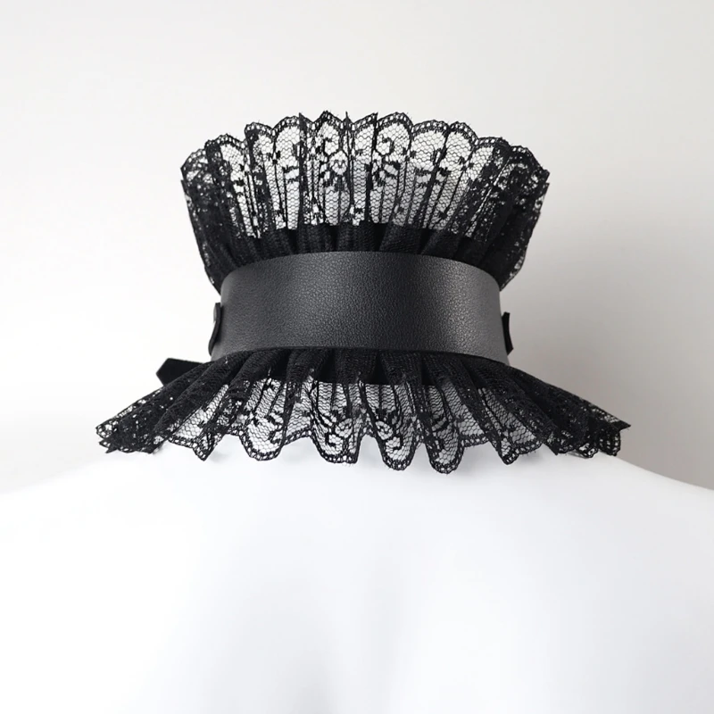 Women Vintage Fake Collar Gothic Black Faux Leather Ruffled Floral Lace Choker Necklace Victorian Neck Ruff