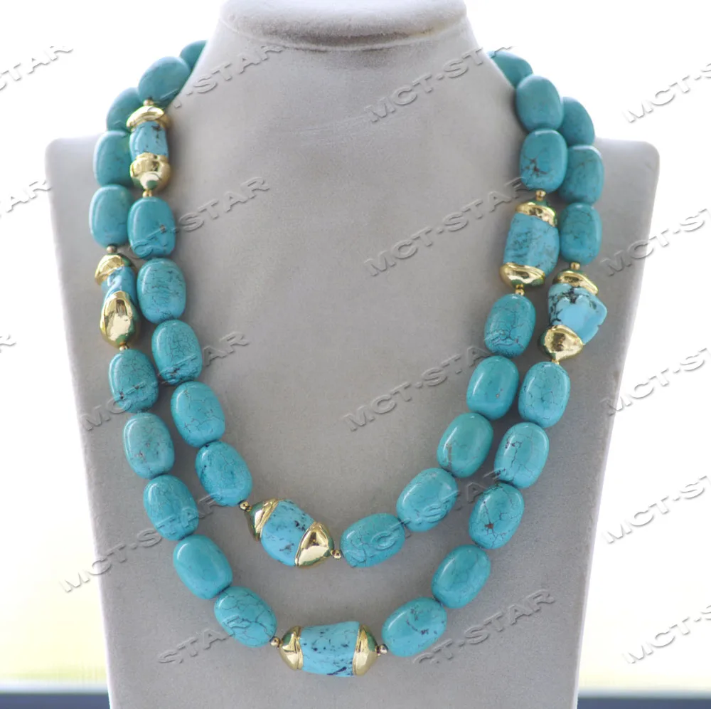 Z12250 Set Blue Cylinder Baroque Gold Plated Turquoise Necklace Bracelet Earring