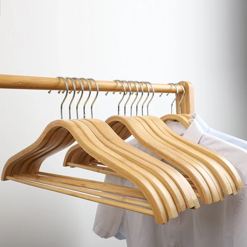 Large Bamboo Material Coat Hangers, 5 Pack High Grade Bamboo Suit Hangers with Non Slip Pant Bar Seamless Bamboo Clothes Hangers