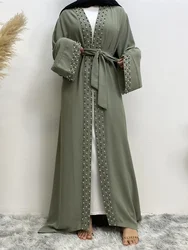 Eid perline abito musulmano donna Abaya Ramadan Cardigan marocco abito da festa Lace-up Maxi Abaya caftano Islam arabo abito lungo 2024