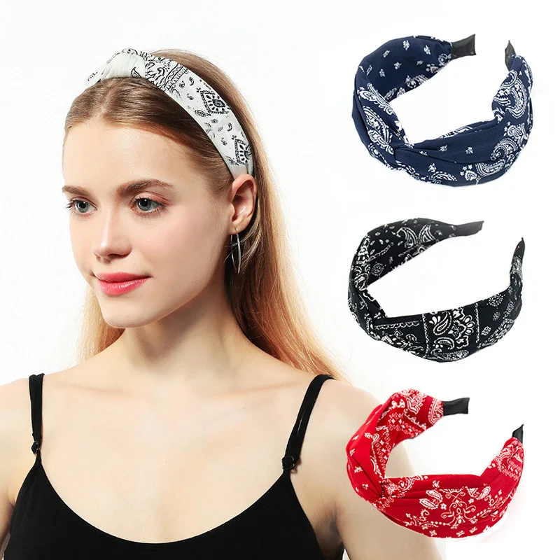 Fashion Cotton Cashew Flowers Printing Soft Wide Hairhoop Hair Accessories for Women Casual Bow Cross Ethnic Headband Wholesale