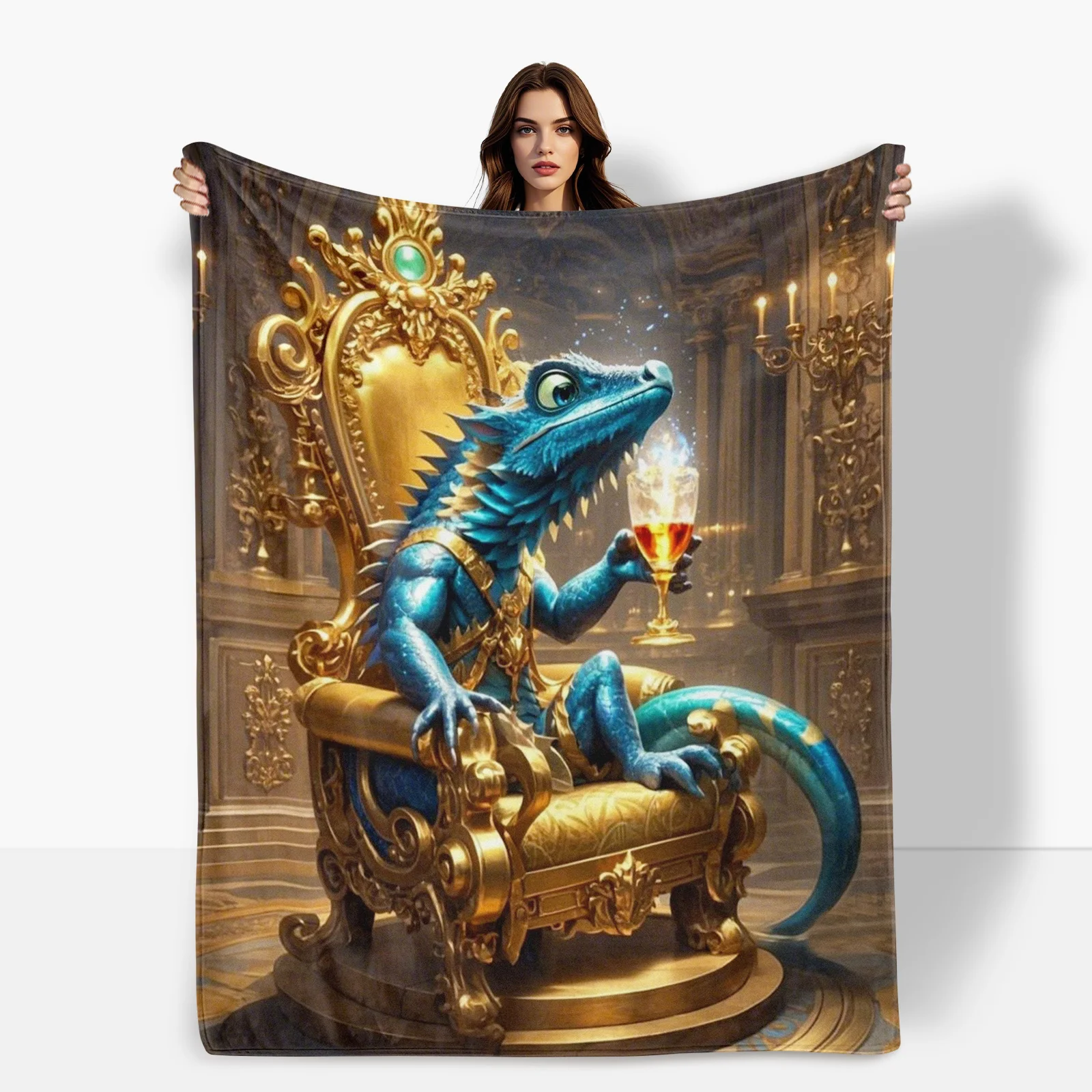 Regal Chameleon King With Goblet Blanket For Elegant Spaces Featuring A Personified Royal Courtly Design