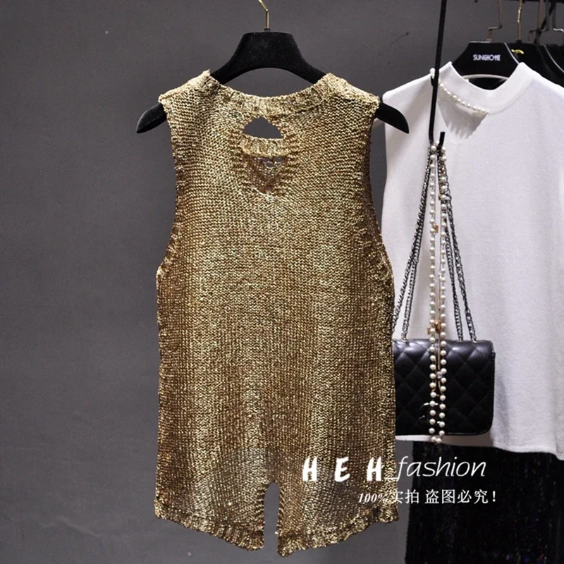 Sexy Hollow Out Round Collar Split Sequins Condole Belt Vest Perspective Sequined Sleeveless Blouse Tank Top Woman crop women