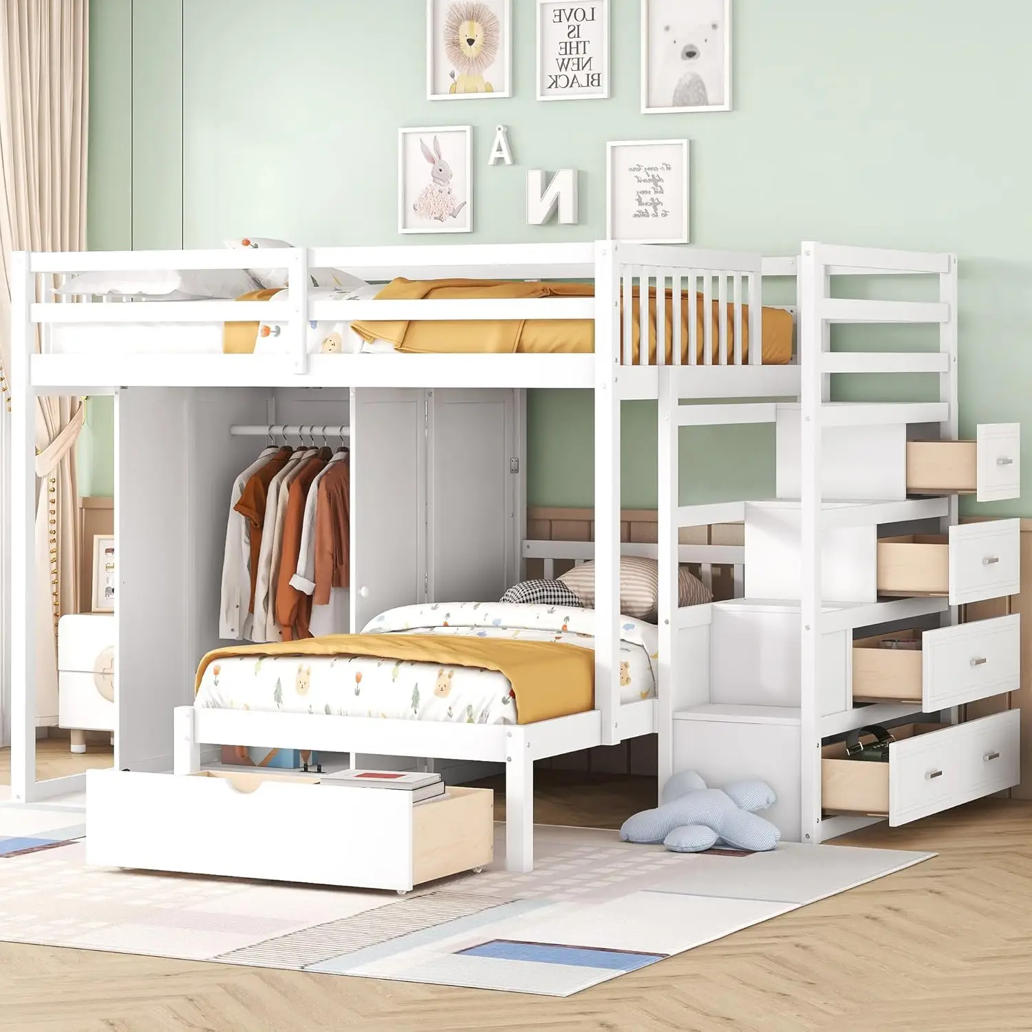 Modern Full Over Twin Bunk Bed with Built-in Wardrobe, L-Shape Solid Wood Bunk Bed Frame with Storage Staircase and Drawers,