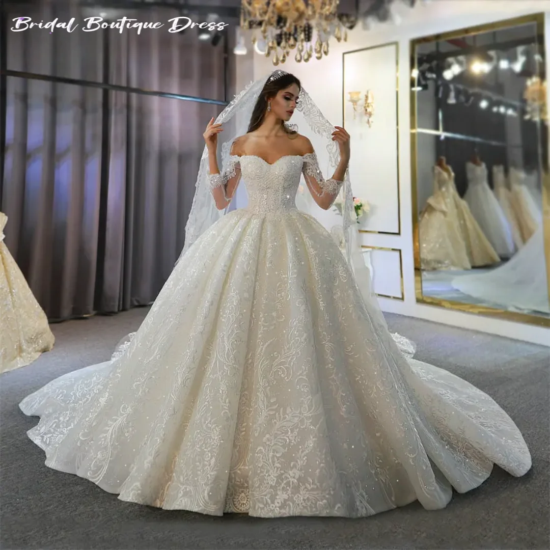 Aangepaste prachtige off-the-shoulder lange mouwen trouwjurk kralen kant bruidsjurk trein nieuwe vestido