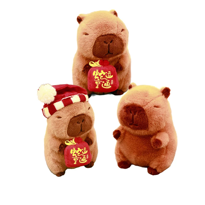 

22 см кукла-капибара Lucky Brown, стоячая плюшевая игрушка, мультяшные глаза животных, закрытая рождественская красная шляпа, нарядная плюшевая игрушка, подарок на день рождения