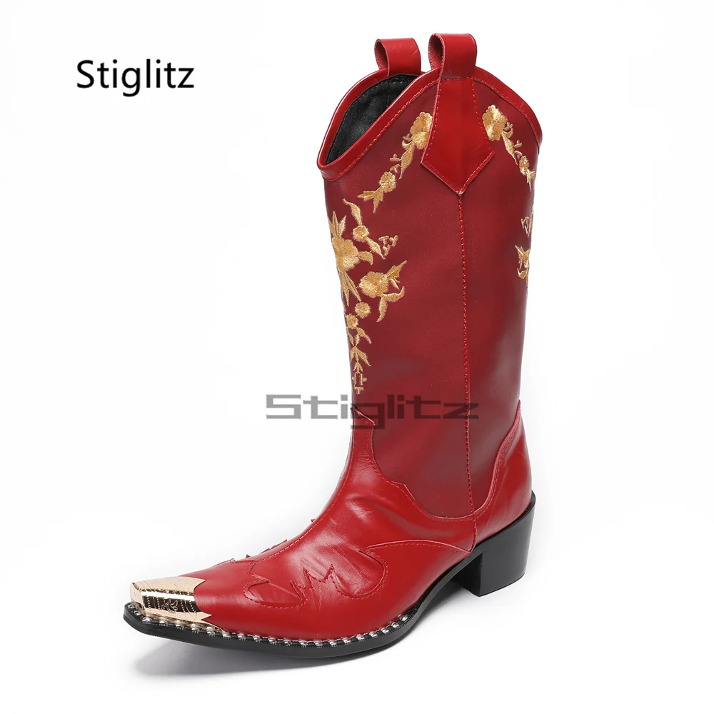 6Cm High Heels Embroidery Cowboy Boots for Men Totem Retro Mid-Calf Western Boots Genuine Leather Pointed Toe Winter Men's Shoe