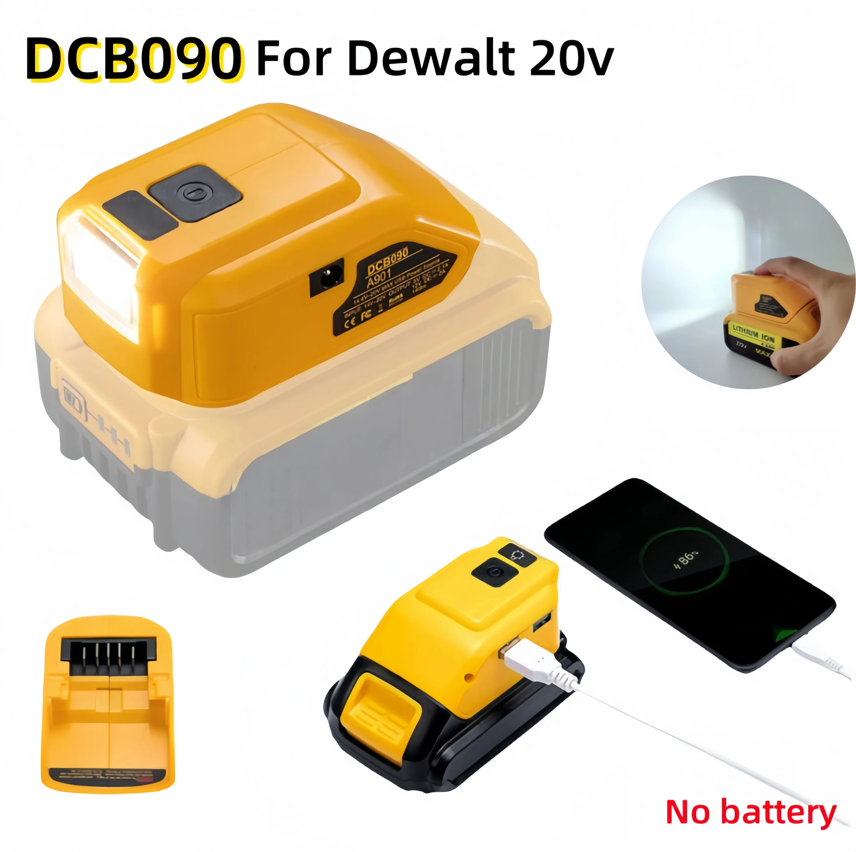 

Portable For DeWalt 18V/20V Battery Adapter Converter with USB Type-C Output Port,Power Source Adapter with 140lm LED Work Light