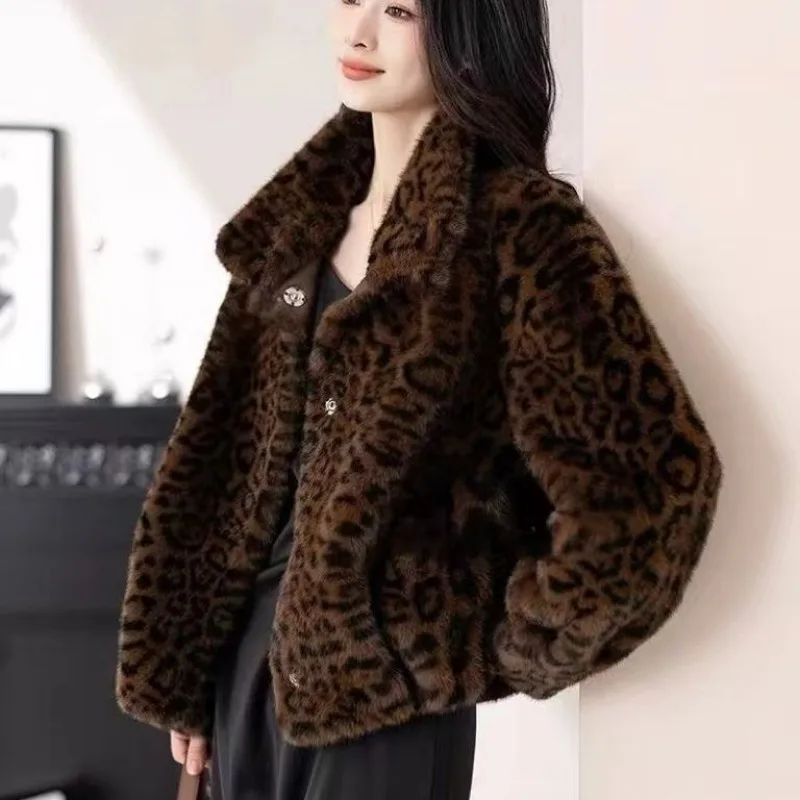 New Autumn Winter Coats Short Faux Fur Coats Trendy Leopard Print Mink Fur Jacket Fluffy Soft Lapel Single-Breasted Warm Design