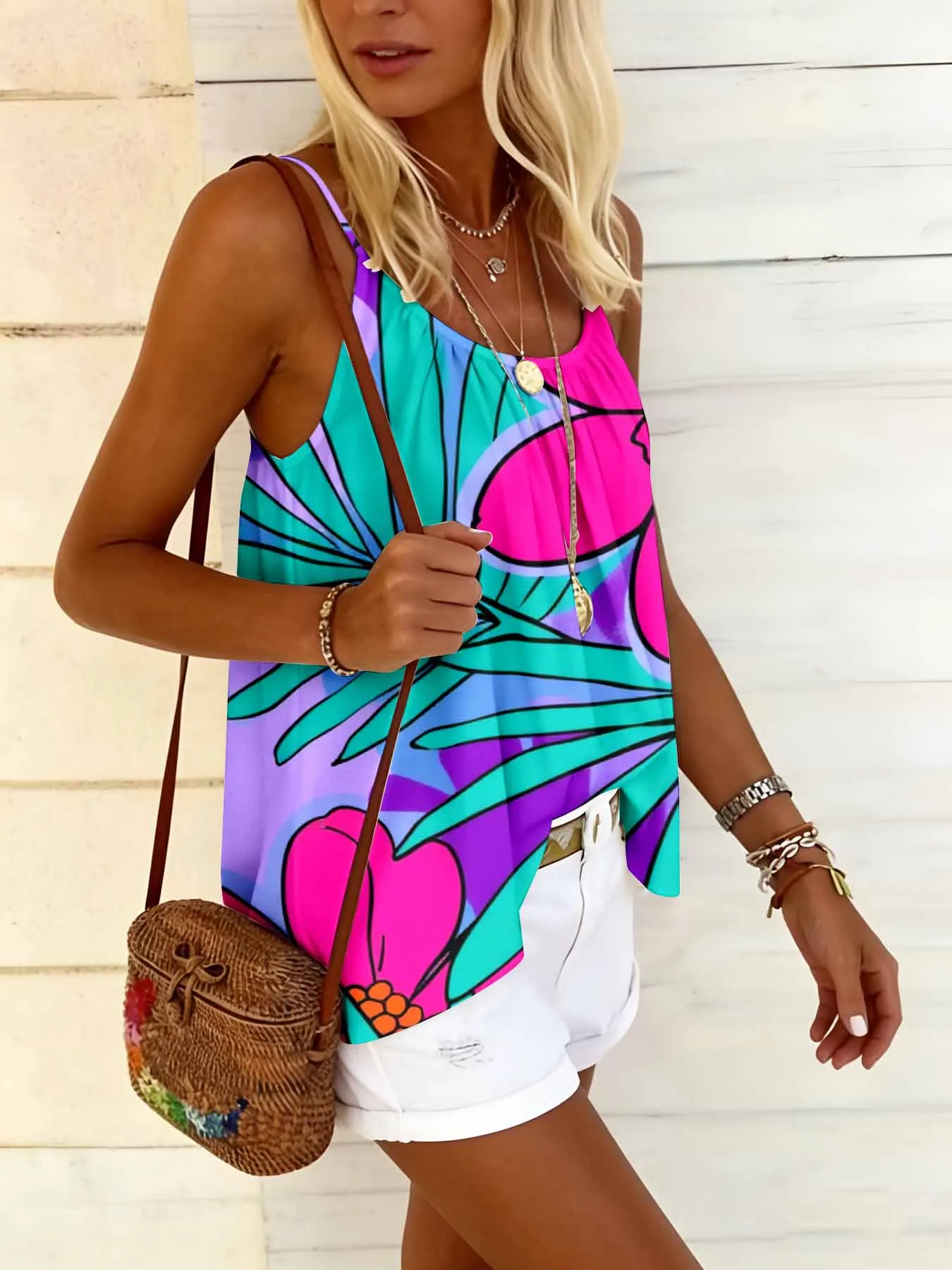 Sommerliches, lockeres Camisole-Top mit Rundhalsausschnitt, bequem, hautfreundlich, lässig, vielseitig, temperamentvolles Oberteil für Damen – Detail 11
