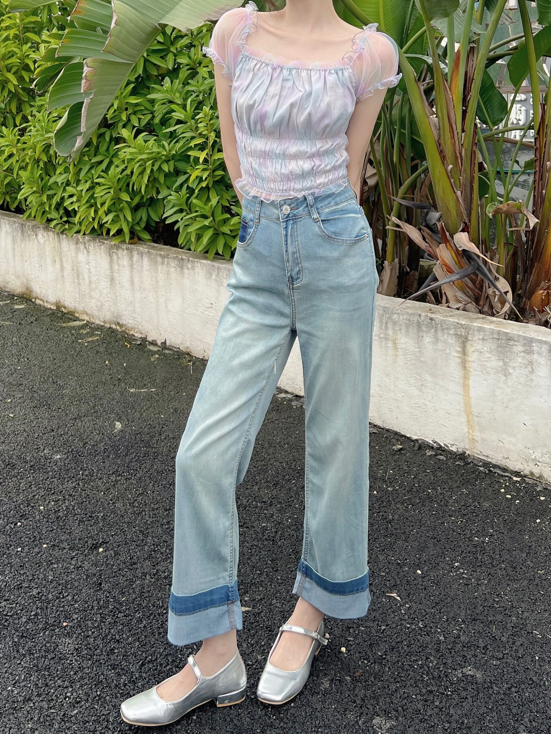 

Джинсы женские летние с высокой талией, широкие прямые, из тонкого хлопкового стрейч-денима, с цветными вставками...