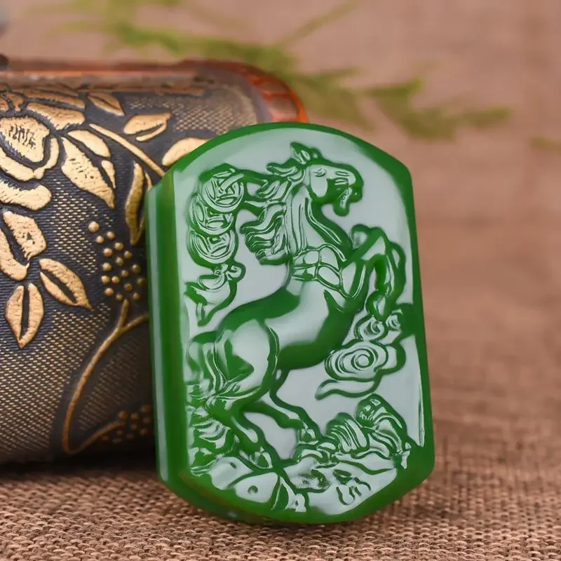 

Natural Green Handmade Carved Horse Jade Belt Buckle, Fashionable Boutique Jewelry, Men's and Women's Belt Buckle Gift