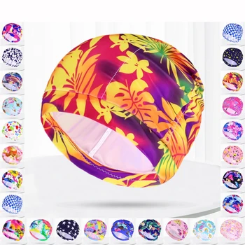 Geplooide stof badmutsen Dames Heren Bloem Hart Sterren Print Zwemmen Zwembad Watersport Lang haar Elastisch Nylon Badmuts Tulband