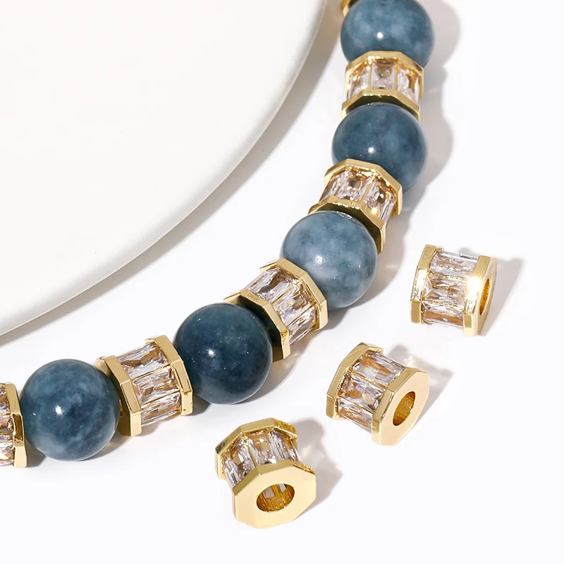 Großhandel mit 18 Karat vergoldeten Messing-Abstandsperlen mit großem Loch, Zirkon-Trenner-Perlen für Armbänder, DIY-Schmuckherstellungszubehör – Detail 33