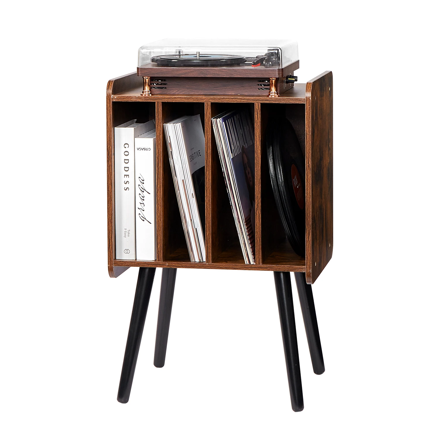 SucceBuy Record Player Stand Turntable Stand with Cabinets Wooden Vinyl Record Storage Cabinet with Display Shelf for Bedroom
