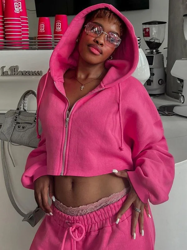 レディースカジュアルロングスリーブジッパーフーディクロップトップ＆パンツセット新作秋冬ファッション衣装サーマルポリエステル繊維