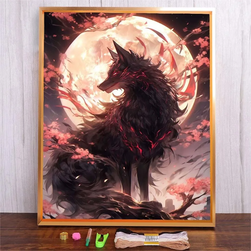 

New Cartoon Moon Wolf Pattern Embroidery Kit Set With Needle Full Printed Canvas Cross Stitch Kit For Children Kid Bedroom Decor