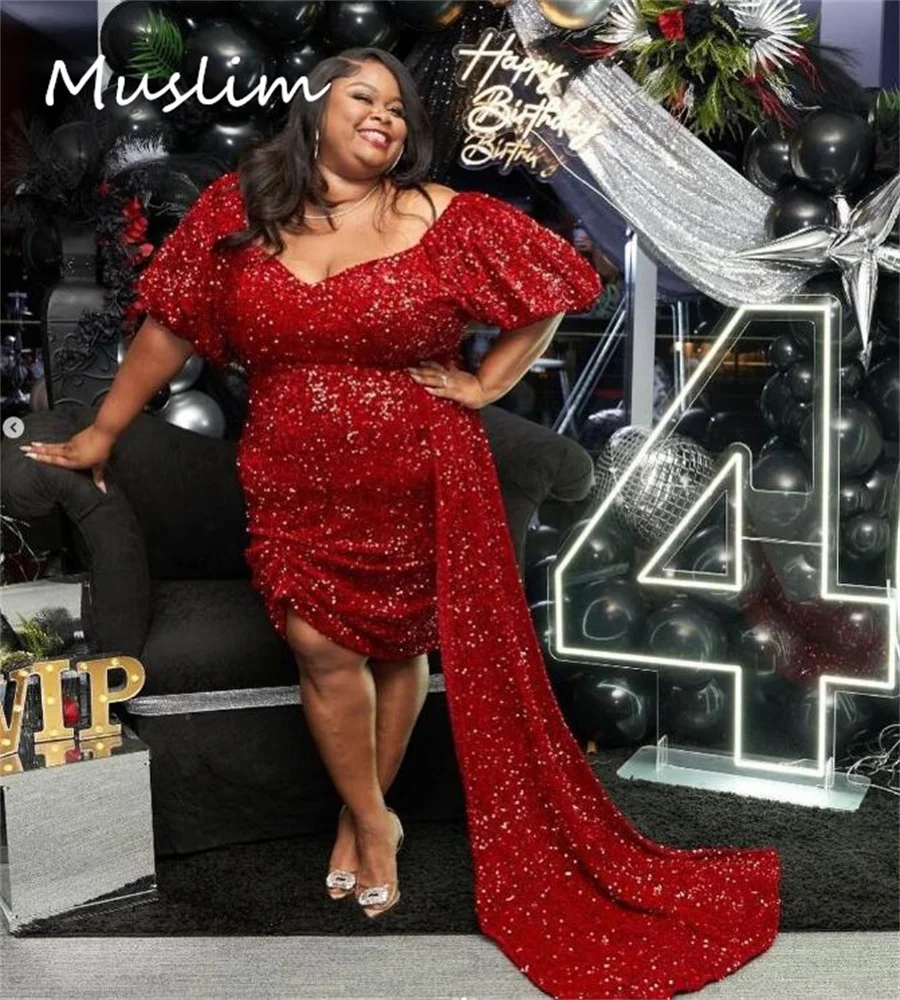 

Obese Plus Size Sequin Short Prom Dress With Train Black Girls African Evening Dress Short Sleeve Cocktail Party Customized