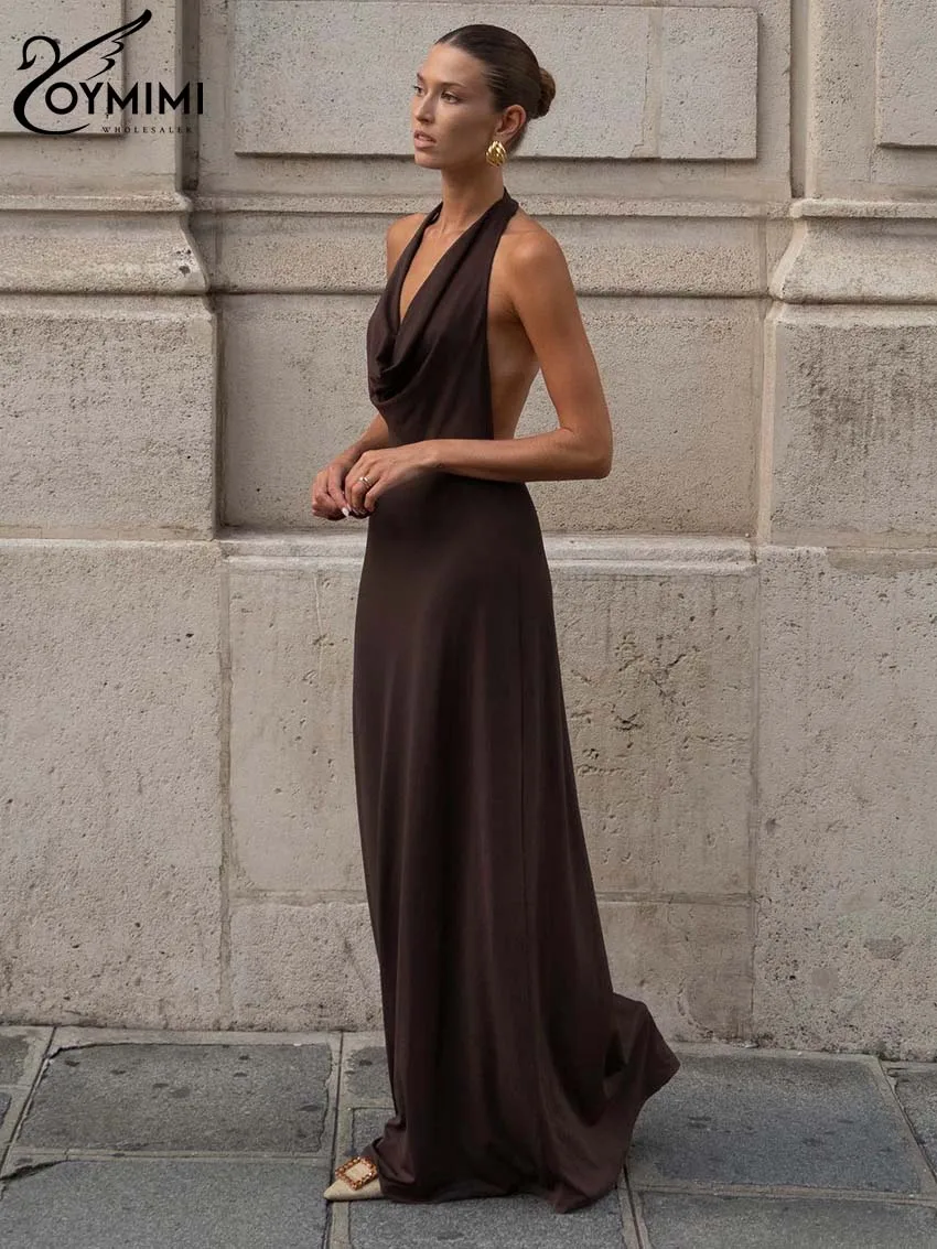 Oymimi Fashion Brown Knitting Dresses For Women 2023 Elegant Halter Sleeveless Slim Dresses Casual High Waist Floor-Length Dress
