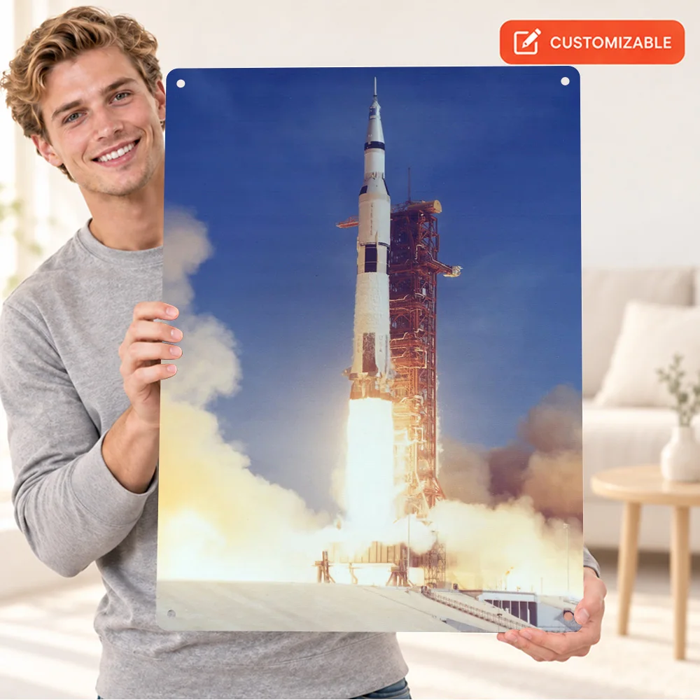 Saturn V Launching Space Aluminum Poster Personalized Metal Sign Decorative Spaceflight Theme Wall Art For Science Corner Decor