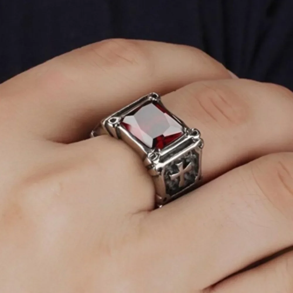 New Fashion Creative Trend Delicate Compact Red Gemstone Cross Pattern Ring Retro Men's Street Party Niche Ring Gift Jewellery