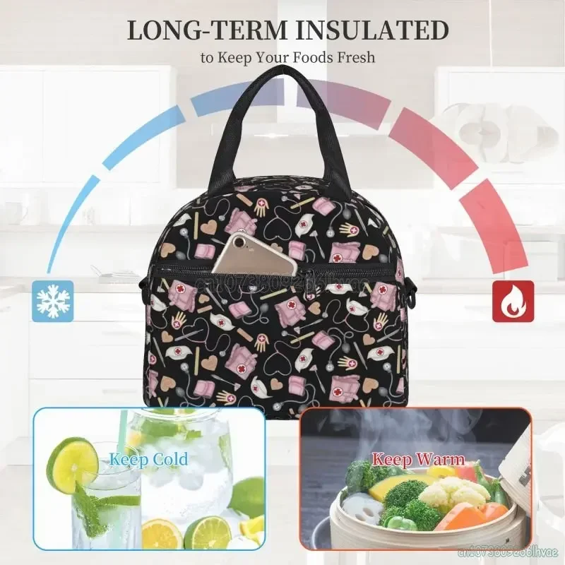 Doctors Nurse Insulated Lunch Bag Women Thermal Lunch Box Portable Tote Cooler Handbag Bento Pouch Container with Shoulder Strap